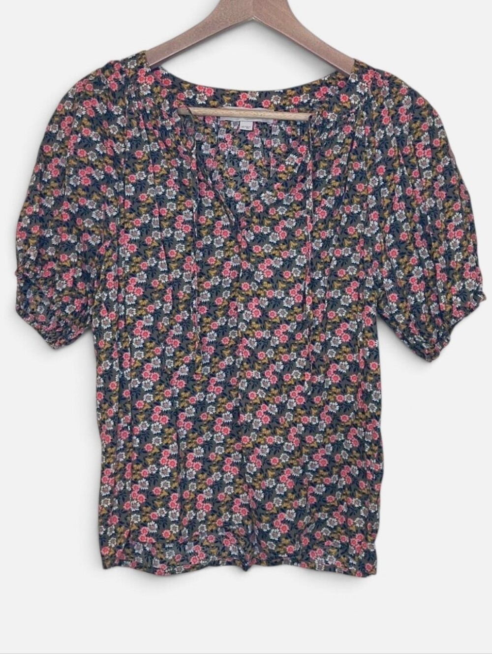 LOFT Green Floral Puff Sleeve Top 100% Cotton